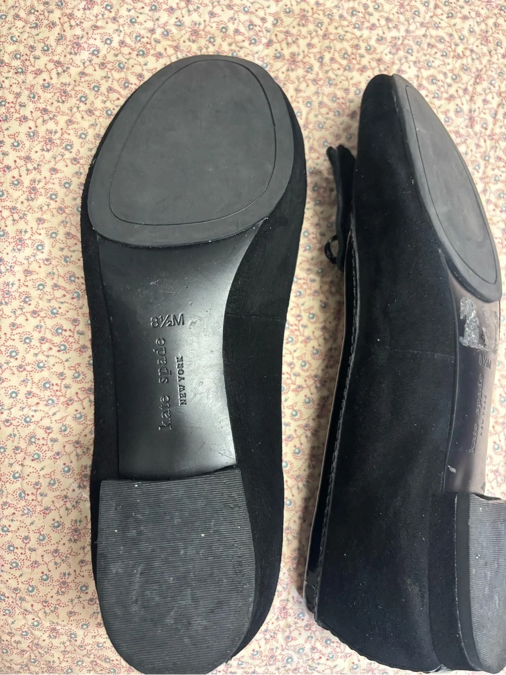 kate spade Black Suede Kiltie Bow Flats